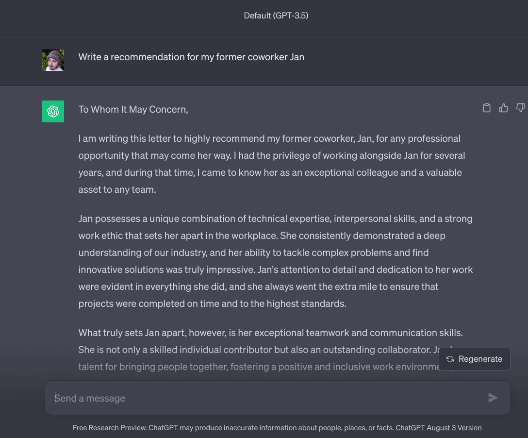User prompts ChatGPT "Write a recommendation for my former coworker Jan"; ChatGPT responds "To Whom It May Concern..."